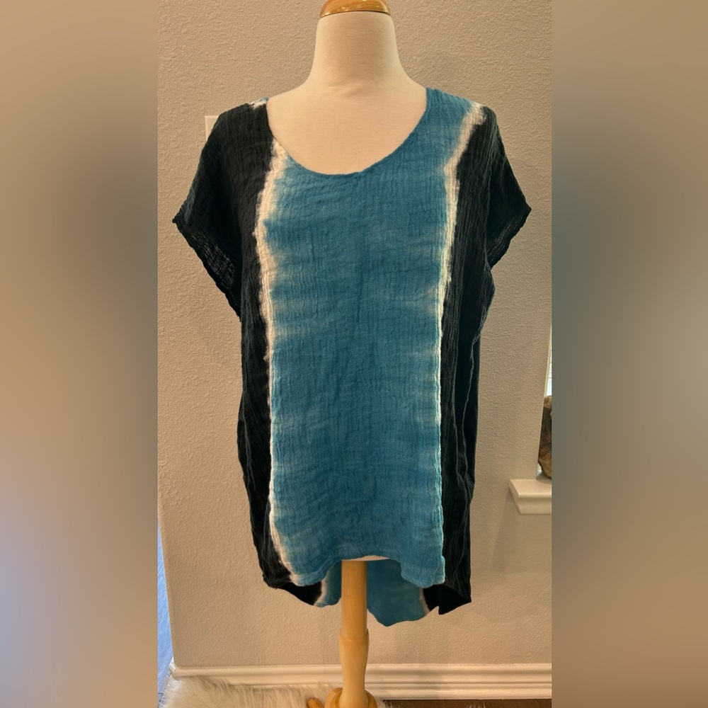 Stark Anthro Sky linen blend blue and Black Short Sleeve Tunic high low Top Med‎
